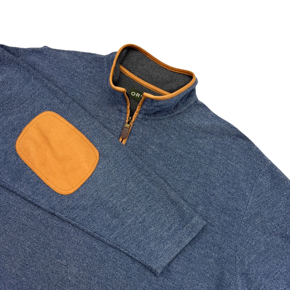 Orvis Quarter Zip Sweater Heather Blue Leather Trim Elbow Patches Mock Neck XXL